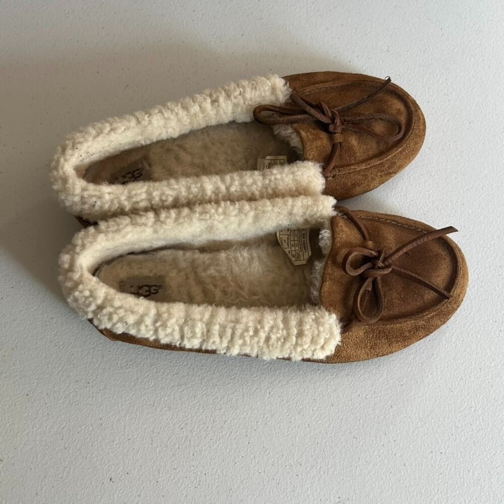 UGG Chestnut Suede Moccasin Slippers with Cream Shearling Lining - Picture 2 of 11